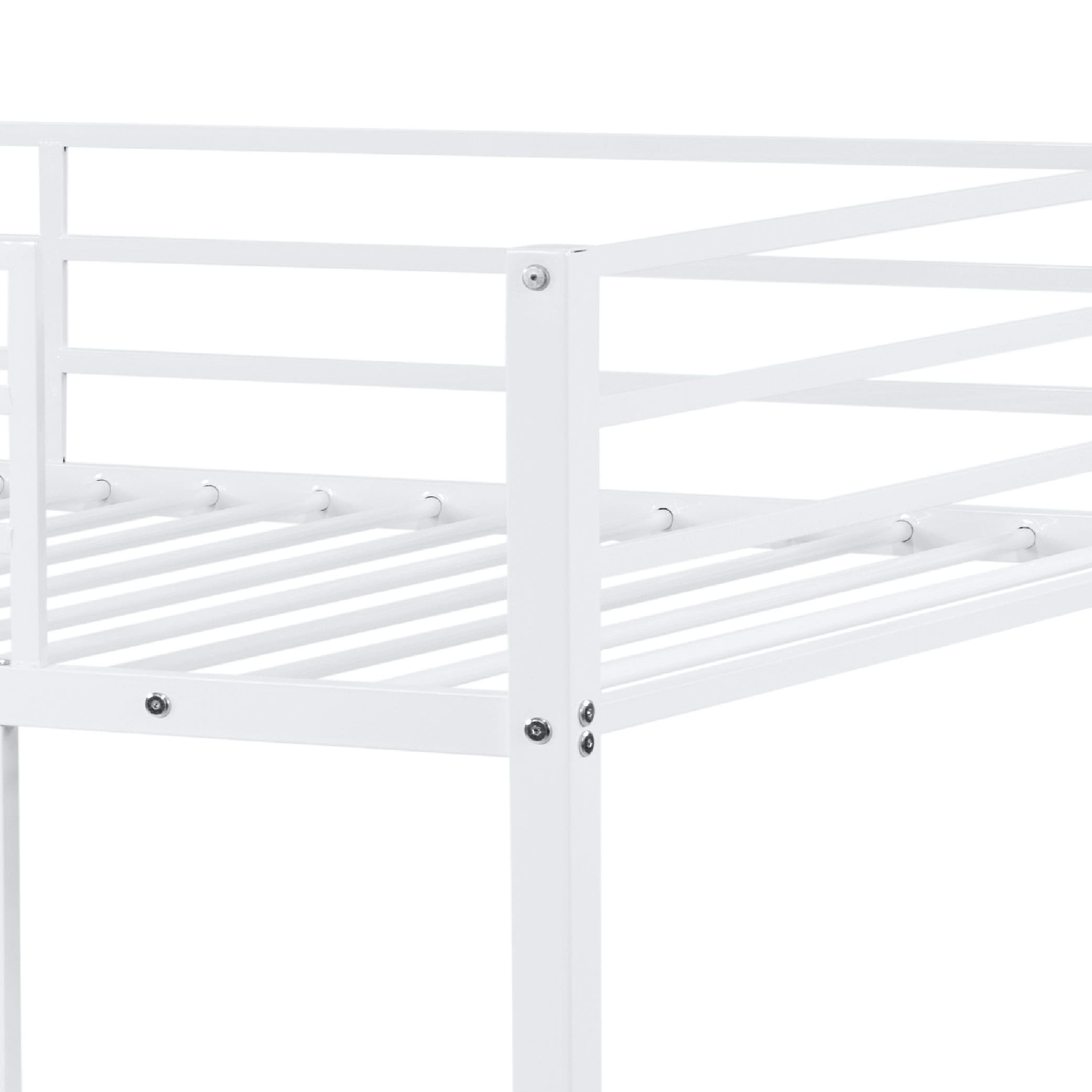 Metal Bunk Bed Twin Over Twin, Low Profile Bunk Bed Frame WithBuilt-in Ladder, High Guardrail And Metal Slats, Space-Saving Twin Size Bed Frame For Kids Teens, No Box Spring Required, White_voghion.com